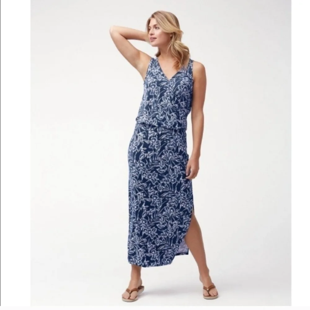 Tommy Bahama Mar-A-Sketch Maxi Dress Tropical Floral Viscose Blue White Sz Small - Picture 12 of 13